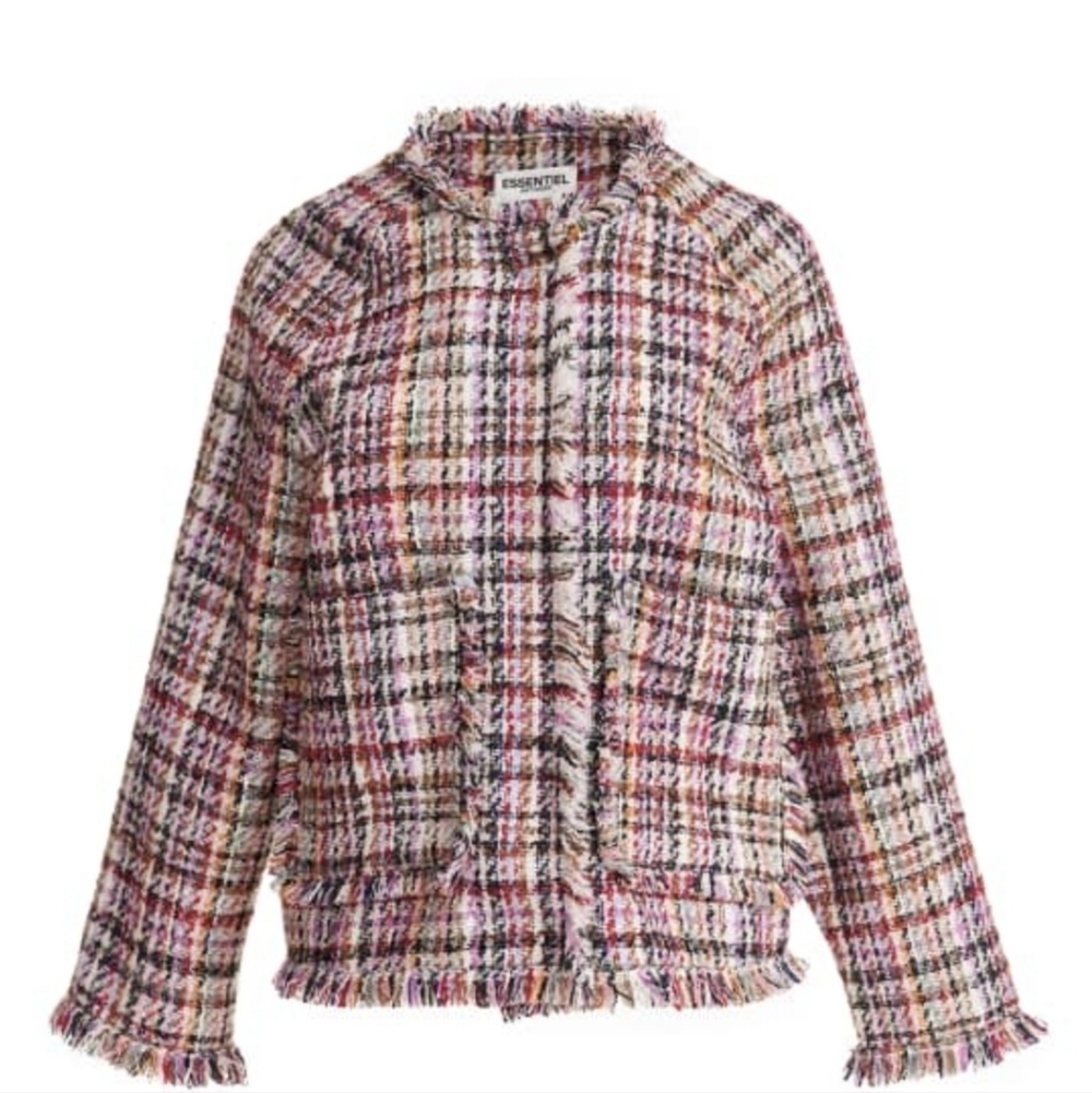 Essentiel Antwerp Tweed Jacket US 0 Plaid Print Fringe Hem Coquette Cottagecore
